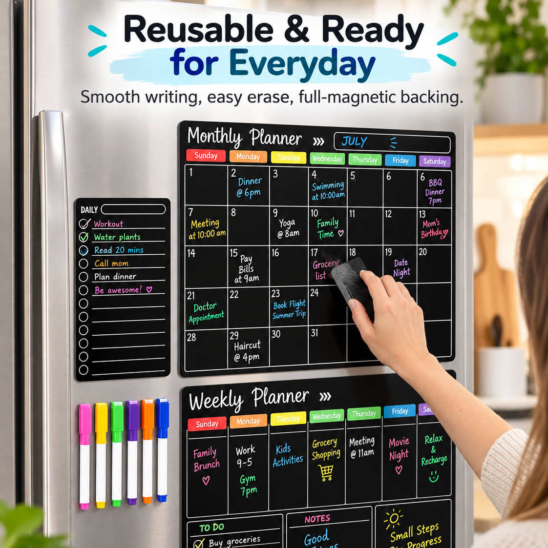 📅 Black Magnetic Dry Erase Boards Set of 3 | Ultimate Fridge Organizer & Planner ✨